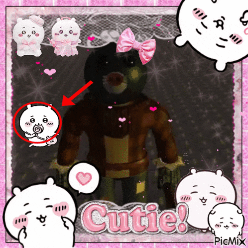 a picture of a bear with a pink bow and the words cutie on the bottom