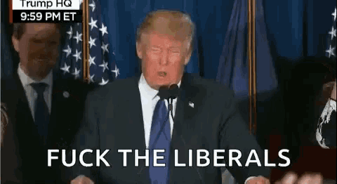 donald trump is giving a speech in front of a microphone and saying fuck the liberals .
