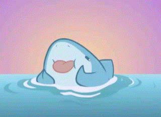 a cartoon shark is floating on its back in the water .
