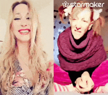 a woman with a flower in her hair is smiling next to another woman with a scarf around her neck