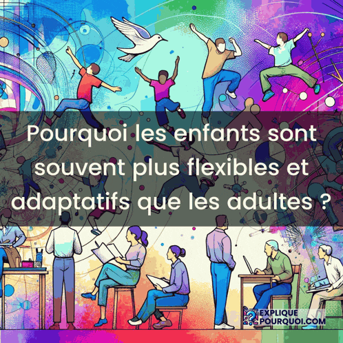 a colorful drawing of people with the words pourquoi les enfants sont souvent plus flexibles et adaptatifs que les adultes