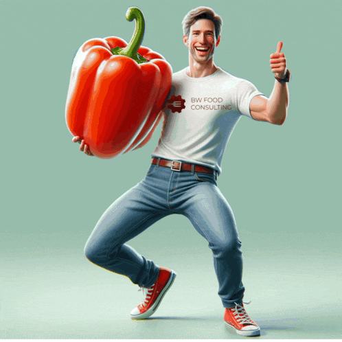 a man in a bw food consulting shirt holds a red pepper