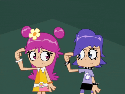 two cartoon characters one with a flower in her hair and the other with a skull on her shirt