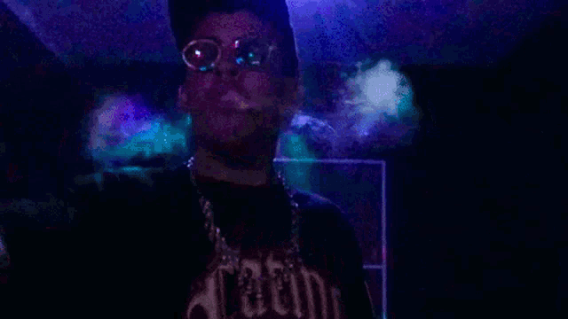 a man wearing sunglasses and a hat is smoking a cigarette while standing in a dark room .
