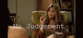 a woman sits in a chair with the words " no judgement " written on the bottom