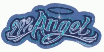 a blue sticker with the word angel written on it .
