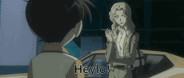 a man and a woman are standing in front of a car and the woman is smoking a cigarette and the man is saying heylo