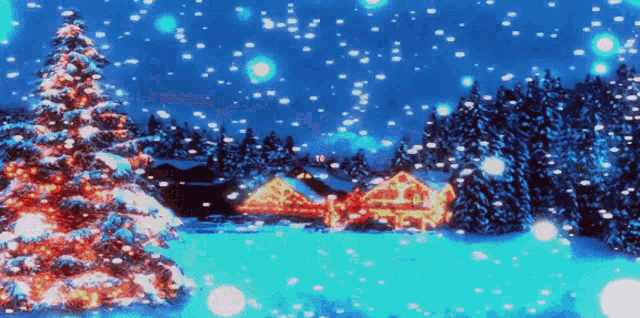 a christmas scene with a christmas tree and houses in the background