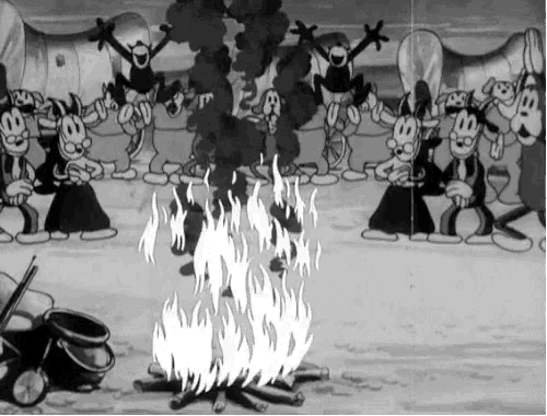 a black and white cartoon of a group of cartoon characters around a campfire