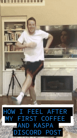 a man is dancing in front of a fireplace with the words " how i feel after my first coffee and kaspa discord post " above him