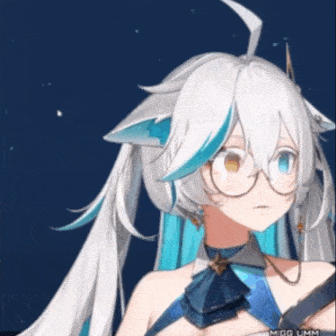 a girl with white hair and blue ears is wearing glasses and a blue shirt