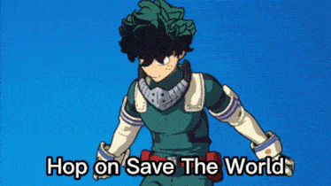 a cartoon character with the words " hop on save the world " on the bottom