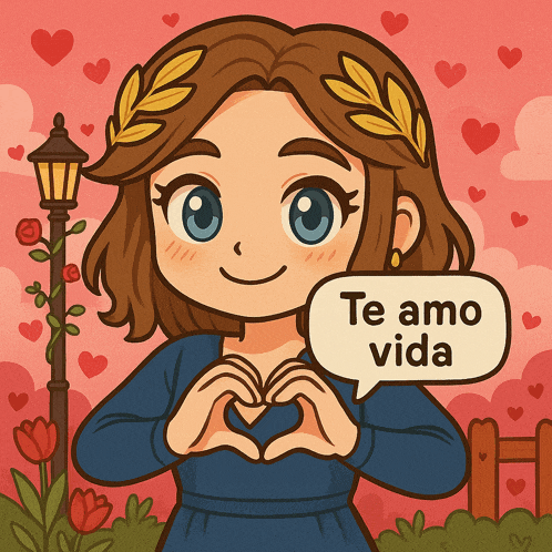 a cartoon of a girl making a heart shape with her hands and a speech bubble that says te amo vida