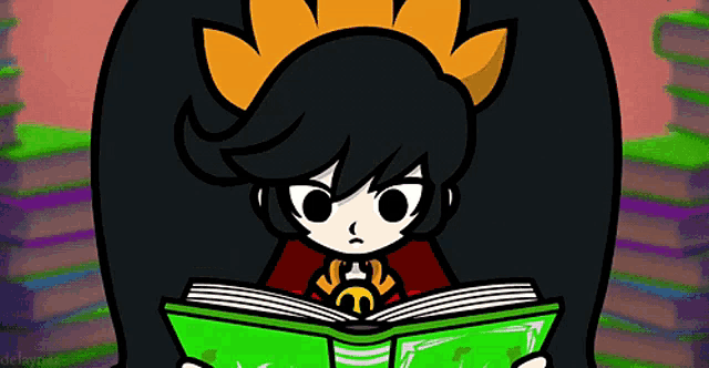 a cartoon drawing of a girl reading a book with a crown on her head
