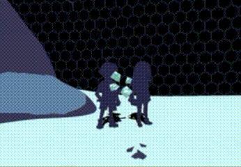 a couple of silhouettes standing next to each other on a snowy surface