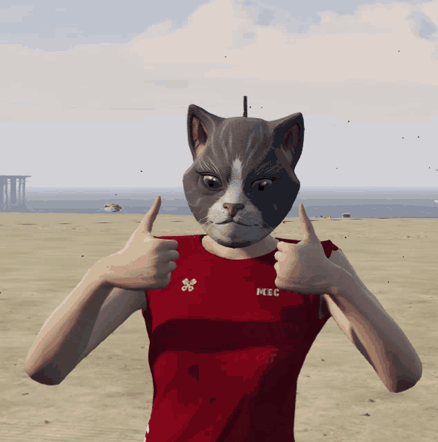 a person wearing a cat mask and a mec shirt gives a thumbs up