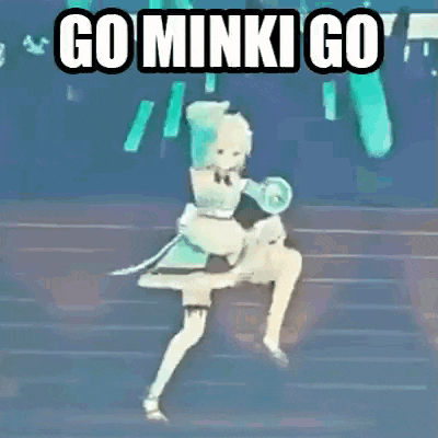 a video game character is dancing on a stage with the words `` go minki go '' written above her .