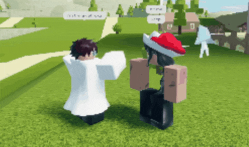two roblox characters are standing next to each other in a grassy field