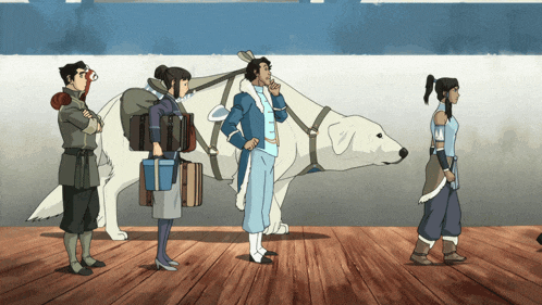 a group of people standing next to each other with a dog in the background