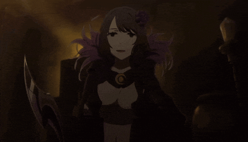 a woman with purple hair and a flower in her hair is holding a sword