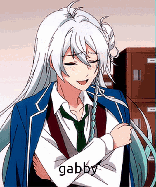 a girl with long white hair is wearing a suit and tie and the word gabby is on the sleeve