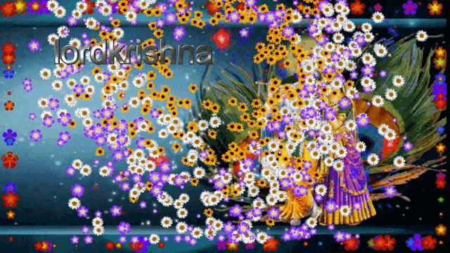 a picture of lord krishna is surrounded by flowers and a peacock feather