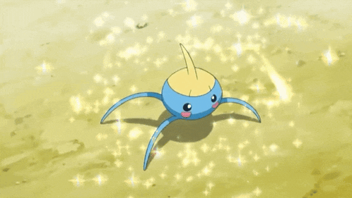 a blue and yellow cartoon character is surrounded by sparkles