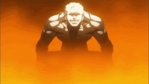 a man without a shirt is standing in front of a fire