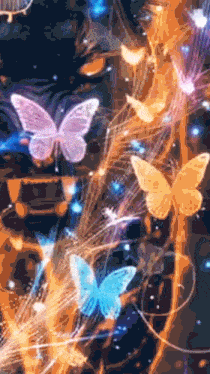 a bunch of butterflies are flying around each other on a dark background