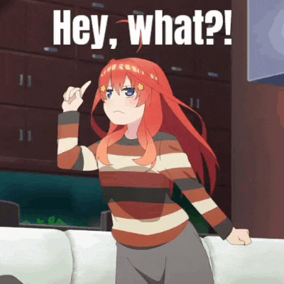a girl with red hair and a striped shirt is standing in front of a couch and says hey what