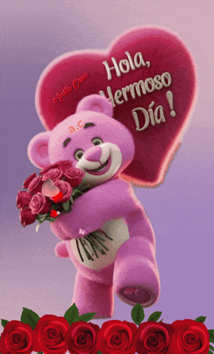 a pink teddy bear holding a bouquet of red roses and a heart that says hola hermoso dia