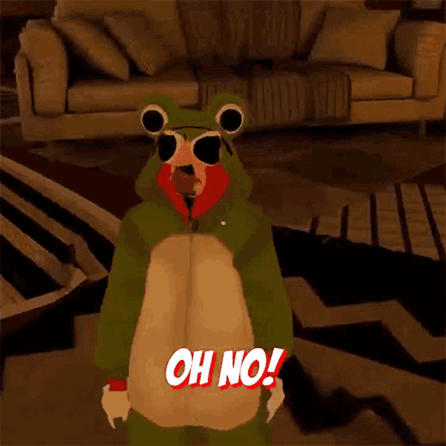 a person in a frog costume is standing in front of a couch and says oh no