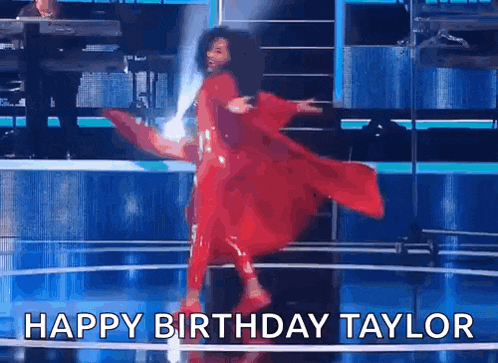 a woman in a red dress is dancing on a stage with the words happy birthday taylor below her .