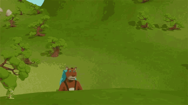 a cartoon bear with a backpack stands on a grassy hill