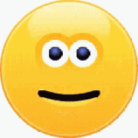 a yellow smiley face with big blue eyes and a smile on it .