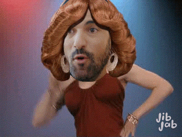 a cartoon of a man dressed as a woman with jib jab written below him