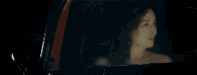 a woman is sitting in a car with the words dime quien written above her