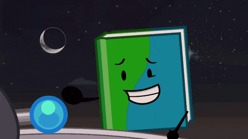 a cartoon drawing of a green and blue box with a red beam coming out of it