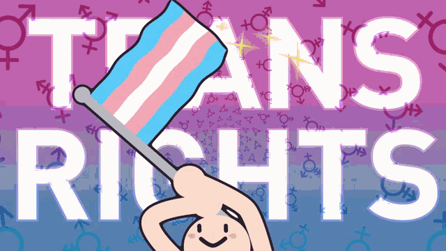 a cartoon drawing of a person holding a transgender flag with the words trans rights in the background