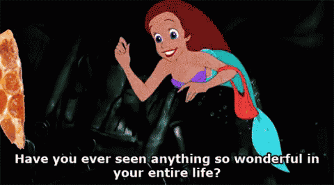 ariel from the little mermaid holding a slice of pizza