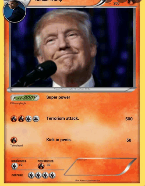 a donald trump pokemon card with a super power