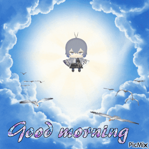 a picture of a boy flying in the sky with the words " good morning "