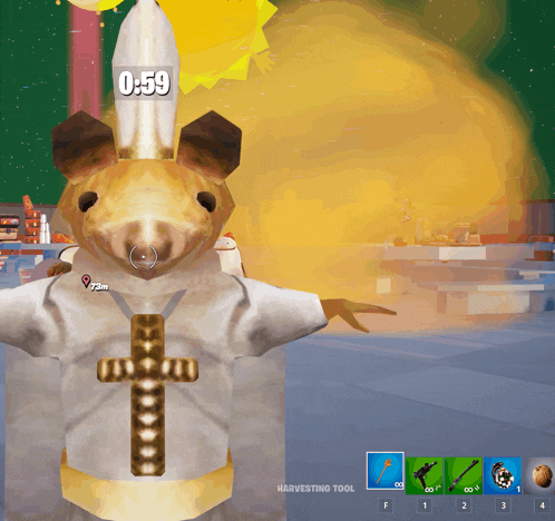 a screenshot of a video game shows a mouse with a cross on his chest and the time 0:59