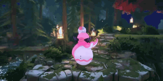 a pink and white octopus is standing on a rock in a video game .
