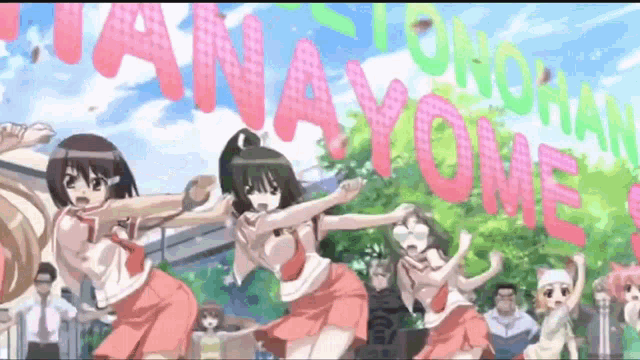 a group of anime girls are dancing in front of a banner that says tanayone