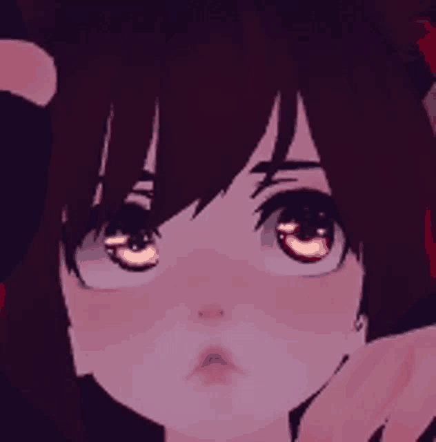 a close up of a girl 's face with red eyes and brown hair