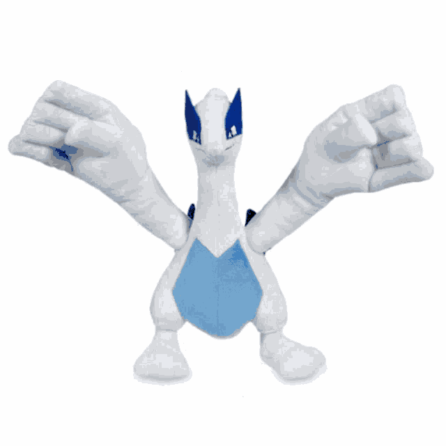 a white and blue stuffed animal with its arms outstretched against a white background