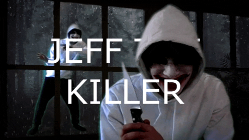a man in a hooded sweatshirt holding a knife with the words jeff killer written above him