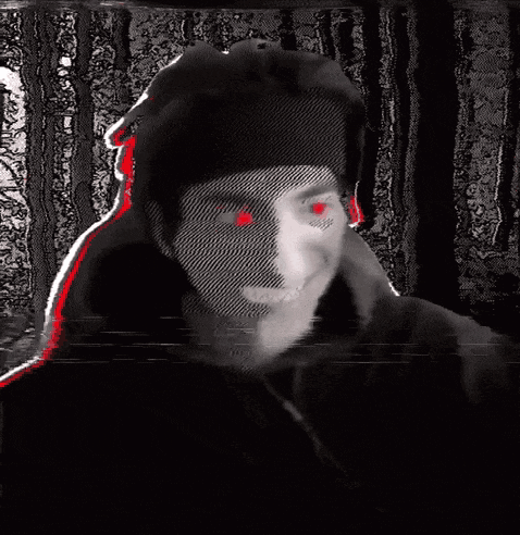 a black and white image of a person with red eyes .