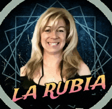 a picture of a woman with the words la rubia written on it